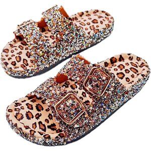 ⚡Women's Leopard Print Bottomed Diamond Sequin Metal Button Plus Size Slippers